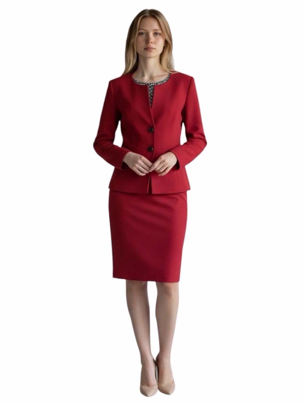 Thari Arthur S Levine Red Blazer skirt suit set Size 4 petite